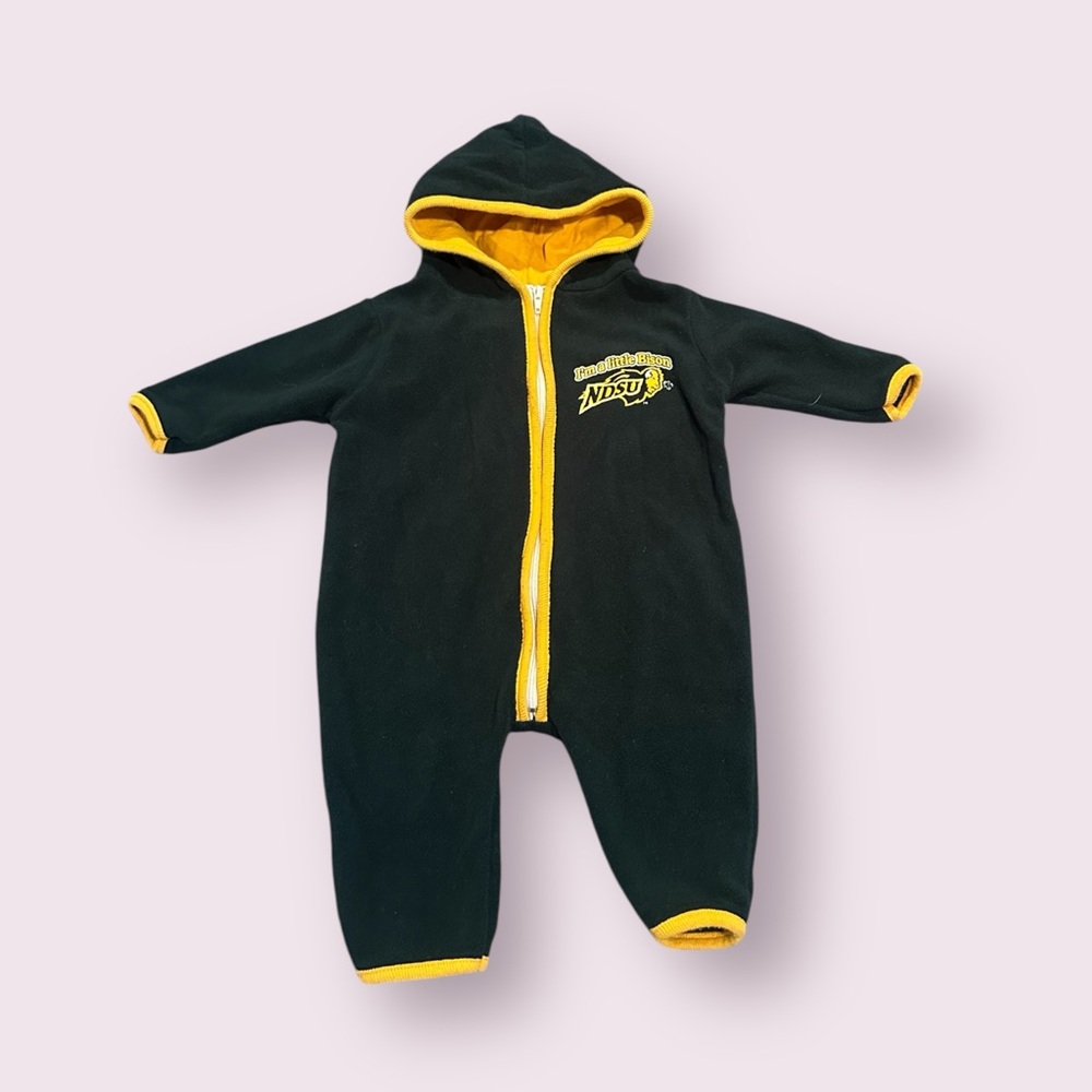 Baby North Dakota Bison Green And Yellow Fleece Zip Front Footies With Hood